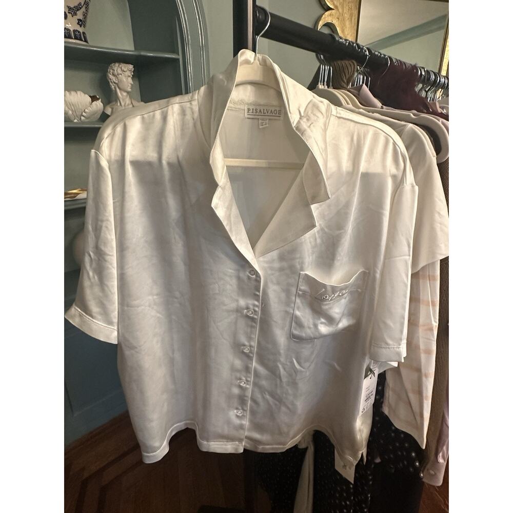 NWT PJ Salvage Silky White Top- Women’s Size L- Embroidered “love” Pocket